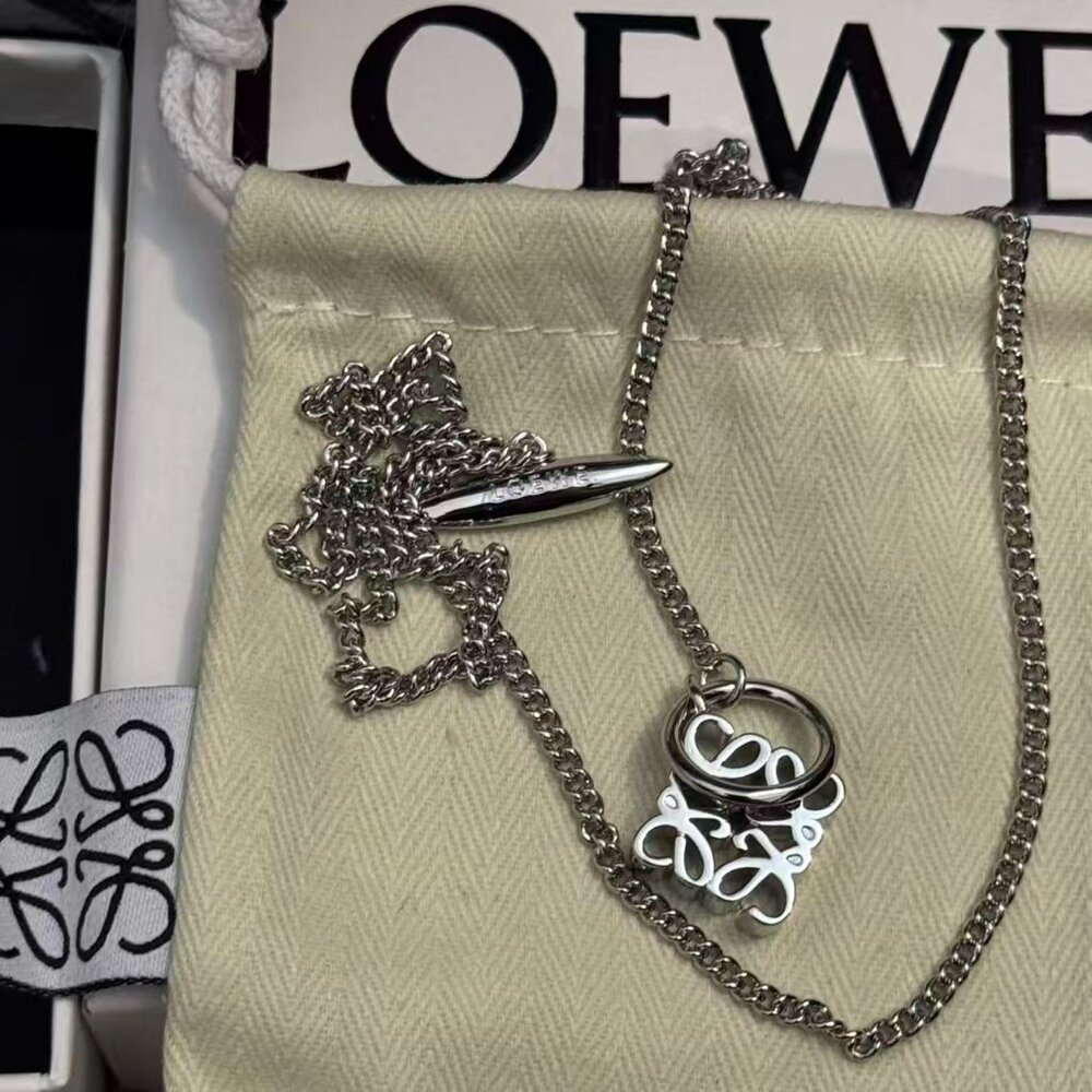 LOEWE Anagram Charm Pendant Necklace Silver Tone Minimal Designer Jewelry